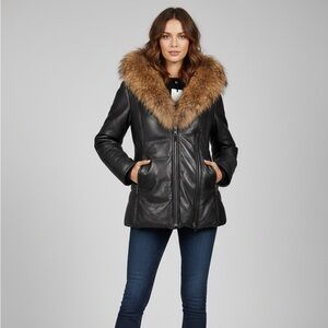Mackage Black Leather Jacket with Tan Fur Trim